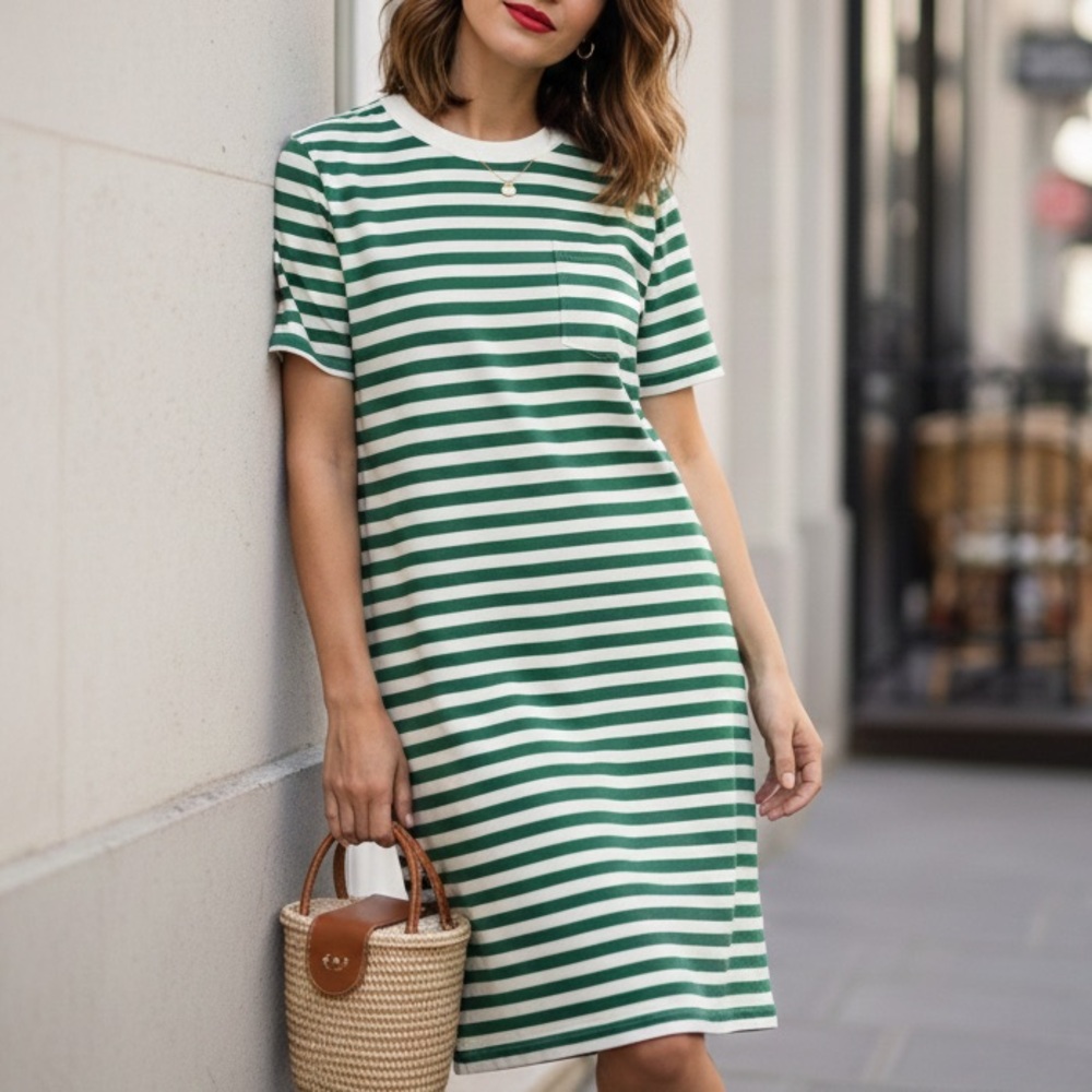 Everlane Green and White Striped T-Shirt Dress